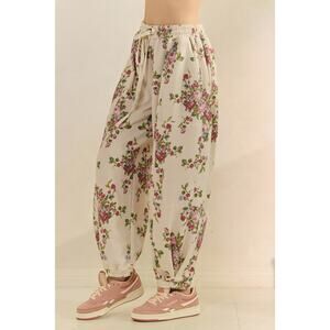 Veveret Size Large Beige Floral Printed French Terry Pants